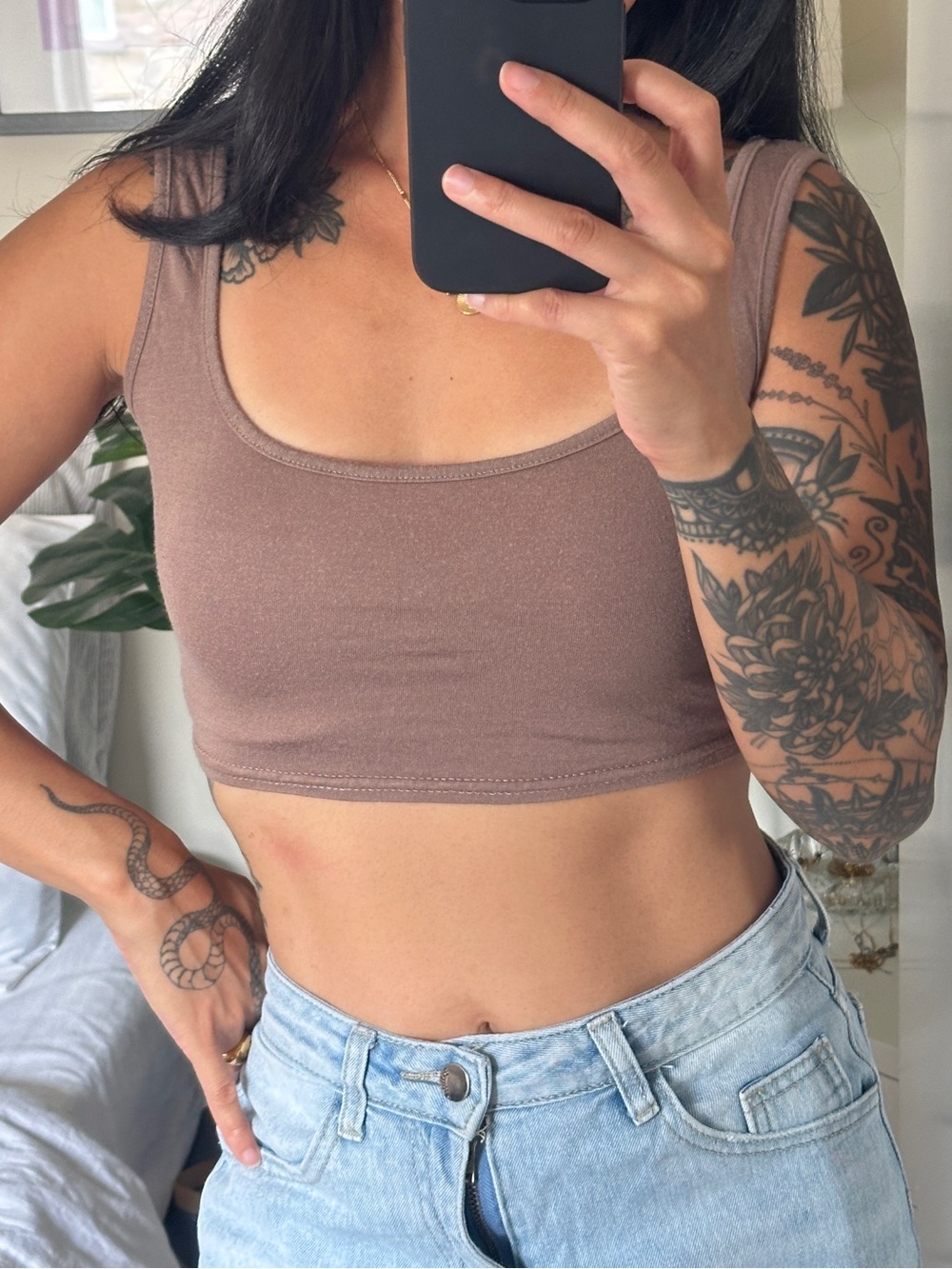 Women's Scoop Neck Crop Tank Top in Taupe
